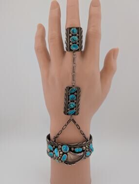 JAMES SHAY Vintage Navajo Hand Flower/Slave Bracelet Sterling Silver Turquoise